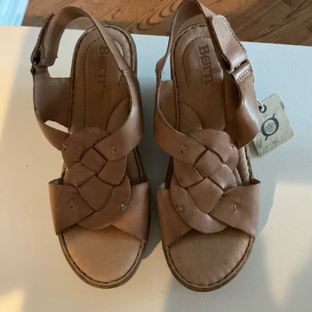 Born Tan Leather Slingback Sandals with Woven Straps